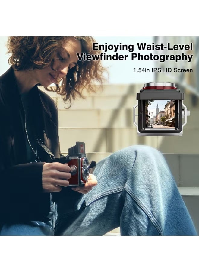 ZONBON CHUZHAO Vintage Mini Digital Camera, Portable TLR Style Retro Point and Shoot Compact Small Pocket 1080P FHD Video 12MP Autofocus Vlogging Camera with 16 GB Card for Beginners Teens Adults Red - Image 3